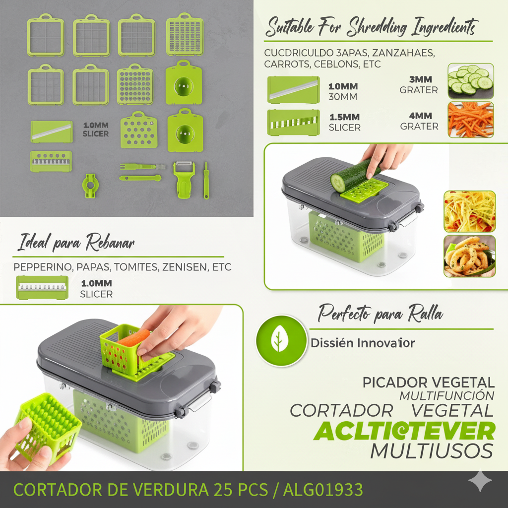 Cortador de Verduras 25 en 1 – Profesional, Acero Inoxidable, Súper Completo